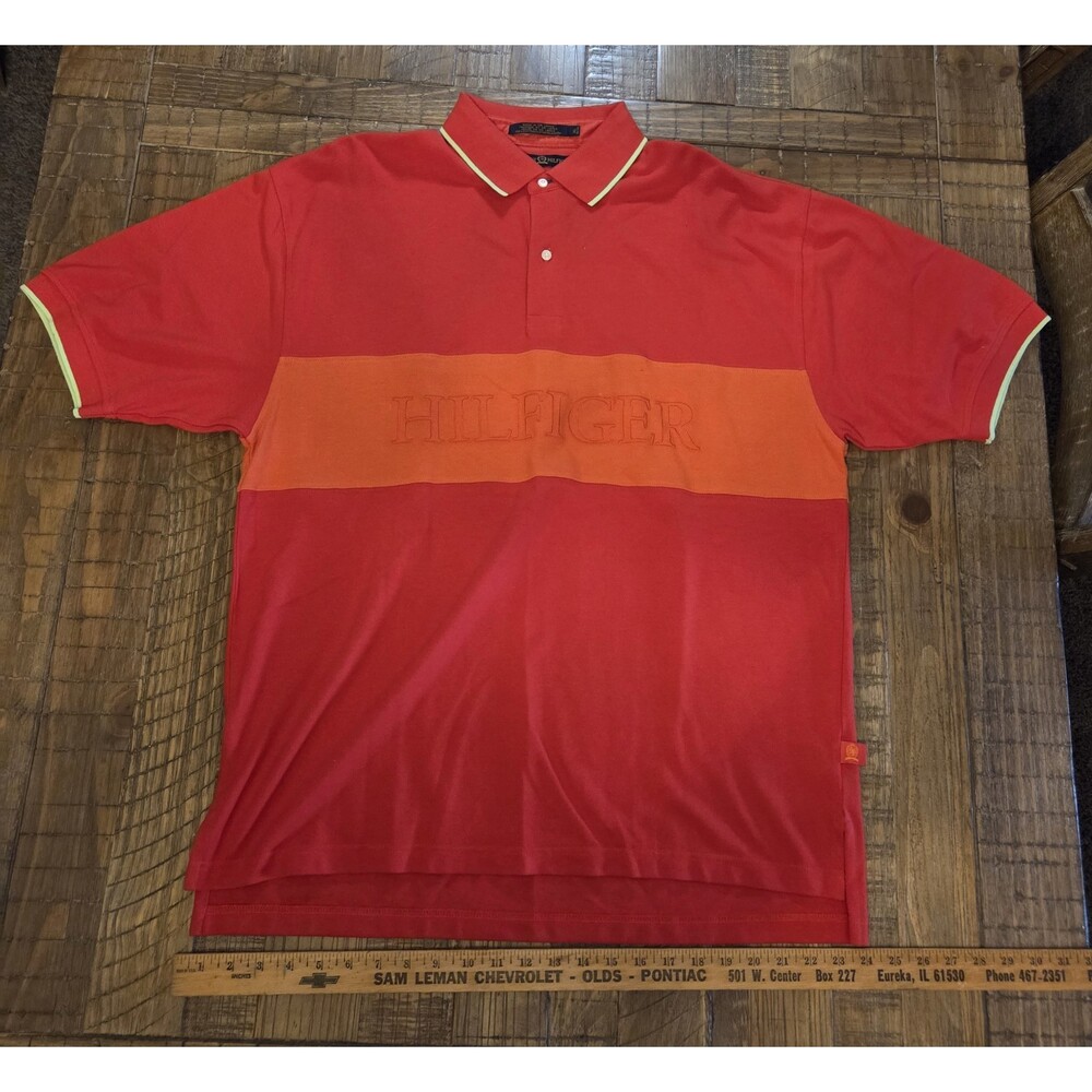 Tommy Hilfiger Men's X Large Polo Shirt - Spellout - Red & Orange - Vintage 90s